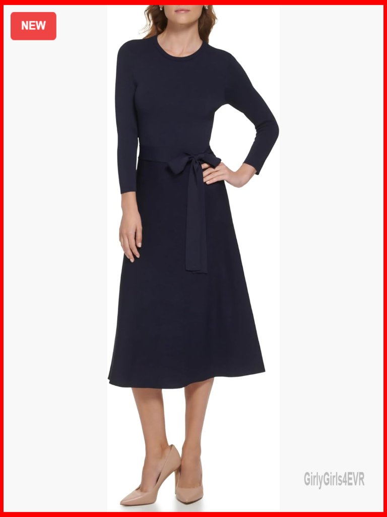 3/4 Sleeve Crew Neck Midi Fit And Flare Sweater Dress